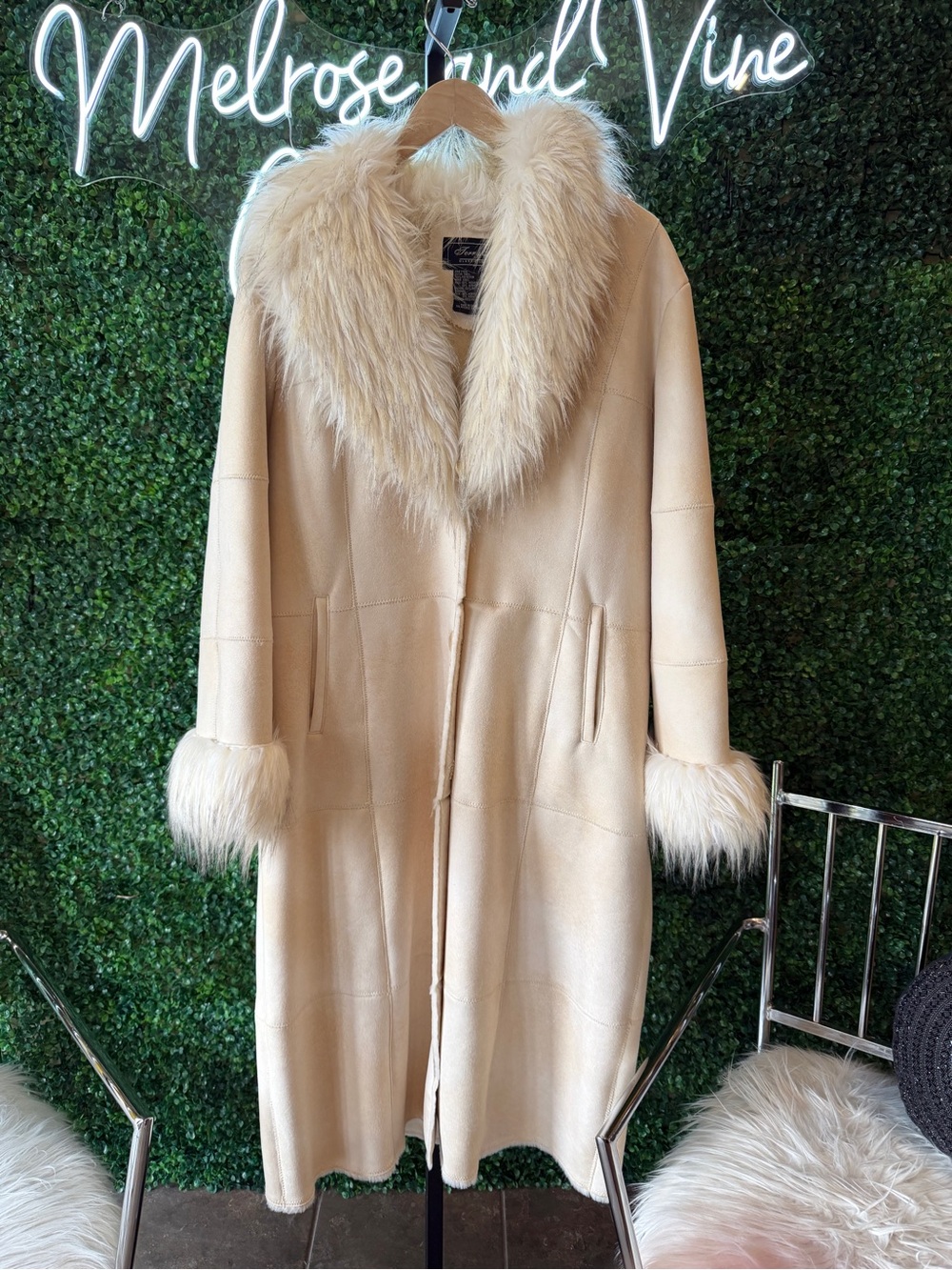 Terry Lewis Cream Faux Fur-Trim Long Coat
